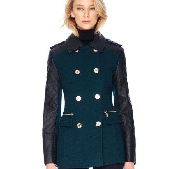 Michael Kors Wool Blend Double Breasted Mixed Media Pea Coat Green Size XS - Picture 1 of 11